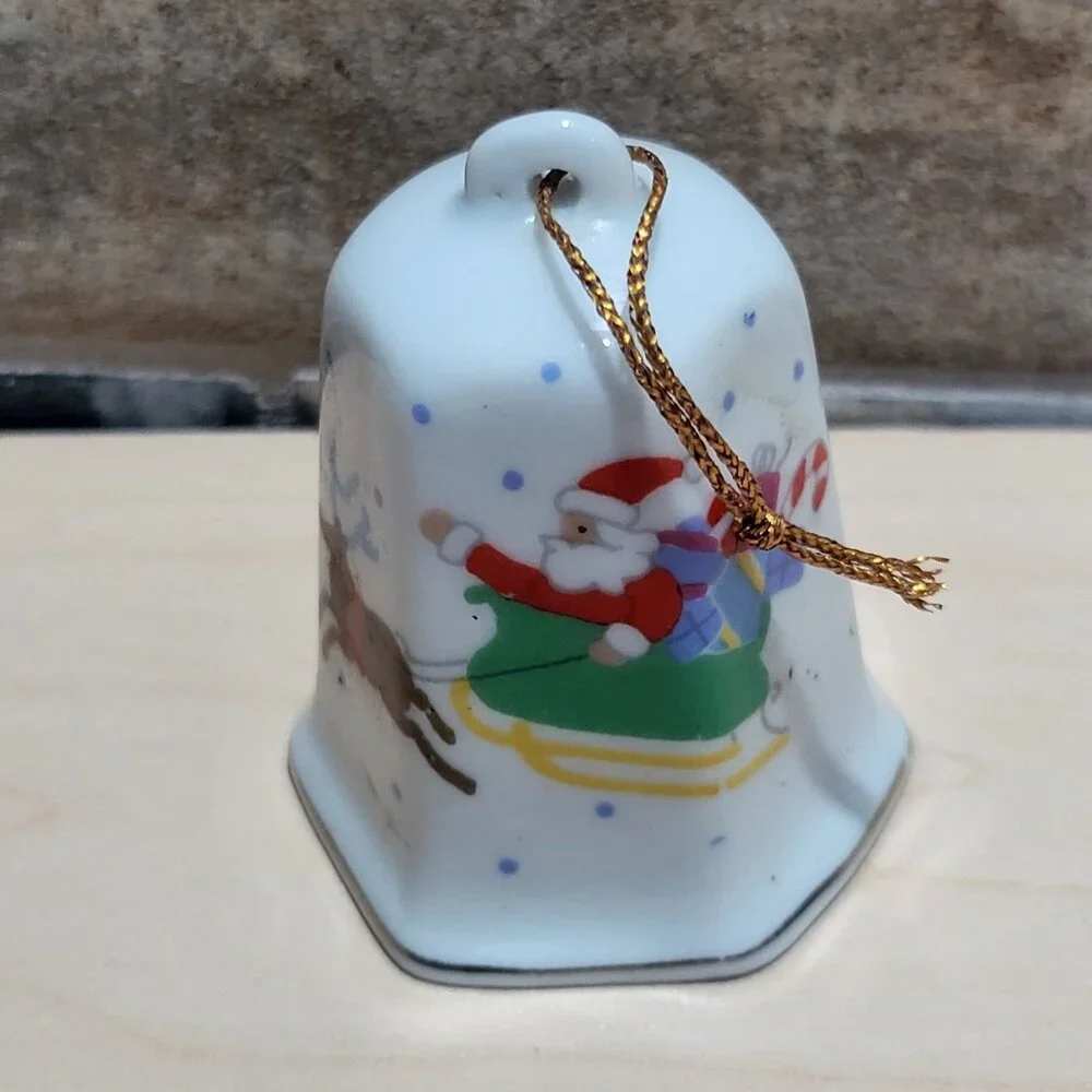 Vintage Lillian Vernon Christmas Hexagon Bell Ornament 1986 Gold Trim